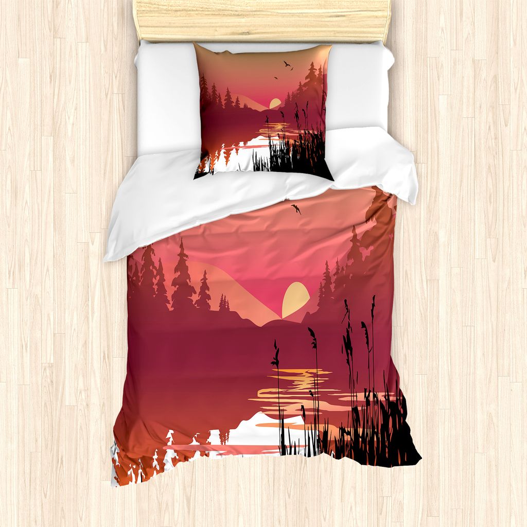 ABAKUHAUS Landschaft Bettbezug Set für Einzelbetten, Ruhe Sonnenuntergang Fluss, Milbensicher Allergiker geeignet mit Kissenbezug, 135 cm x 200 cm...