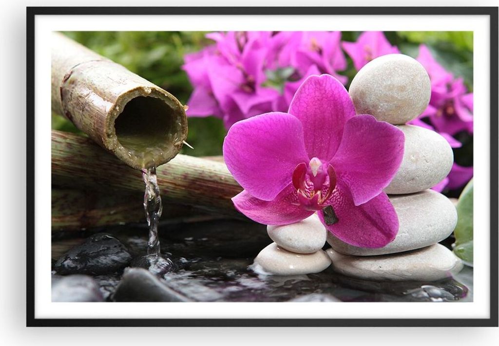 Gerahmtes Poster - Schwarzer Rahmen - Orchidee Bambus Dekoration Spa - 91,5x61 cm - Wand Bild - Wanddeko - Wandbilder - Wandposter - Bilderrahmen -...