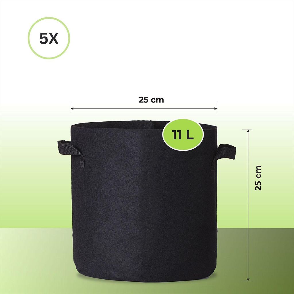 Pflanzsack mit Henkeln Grow Pot Bag Pflanztasche Pflanzbehälter 11 Liter – 5 Stück atmungsaktiv & wiederverwendbar