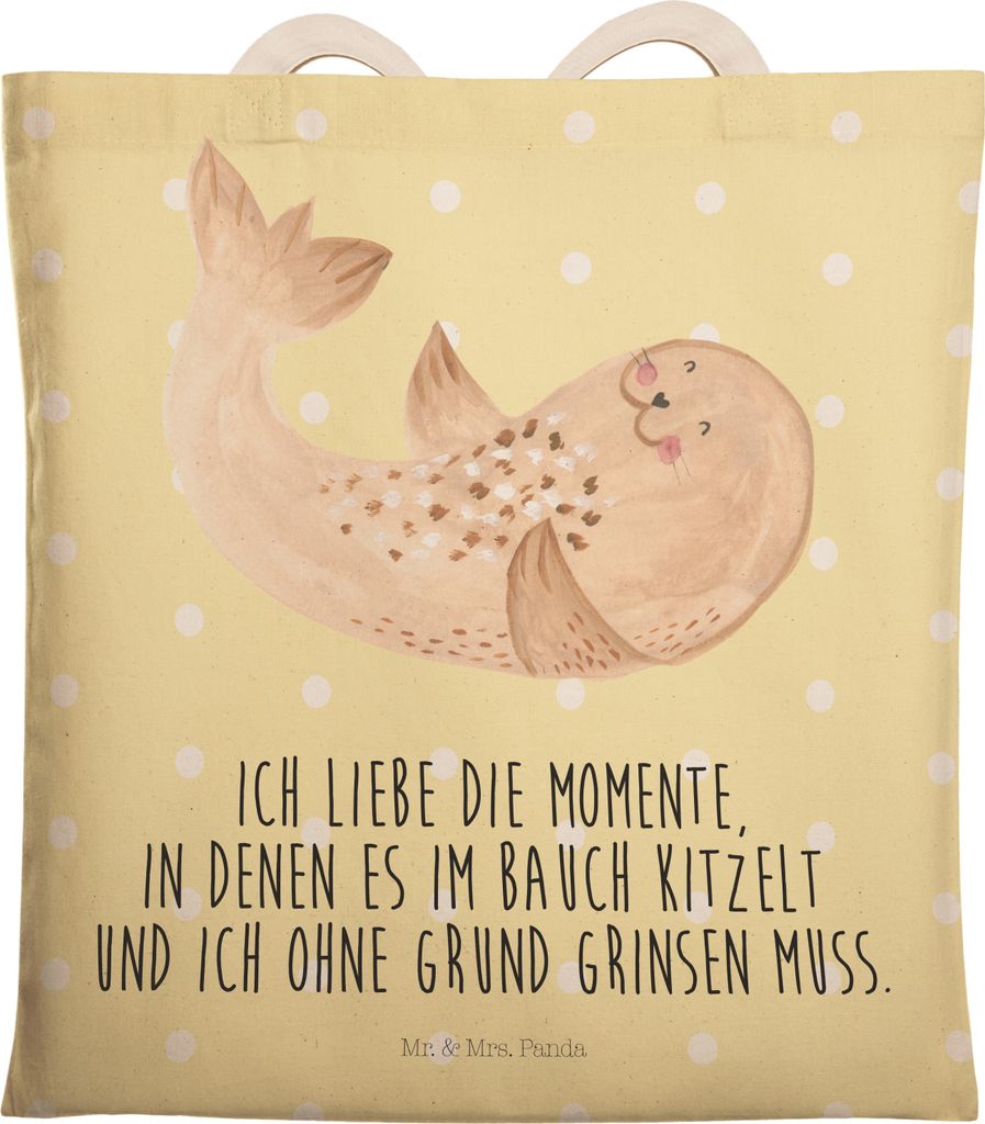 Mr. & Mrs. Panda Tote Bag Robbe Liegen - Gelb Pastell - Geschenk, Strand, Beutel, Lachen, Tasche, Nordsee, Robben, Einkaufstasche, Ostsee, Stofftra...