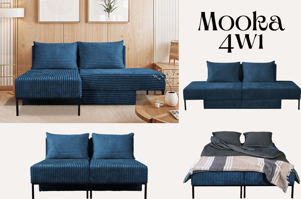 A collage of images showing a blue sofa in different configurations and a bed with bedding.