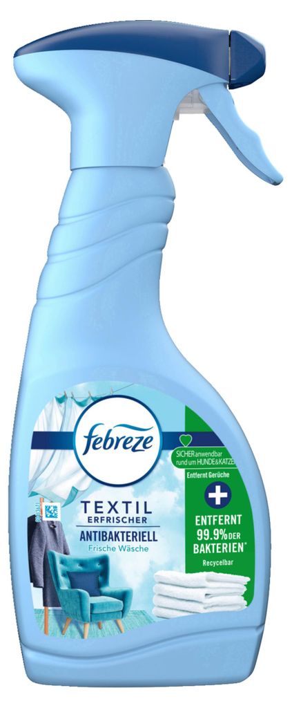 A blue spray bottle of Febreze fabric refresher with antibacterial properties.