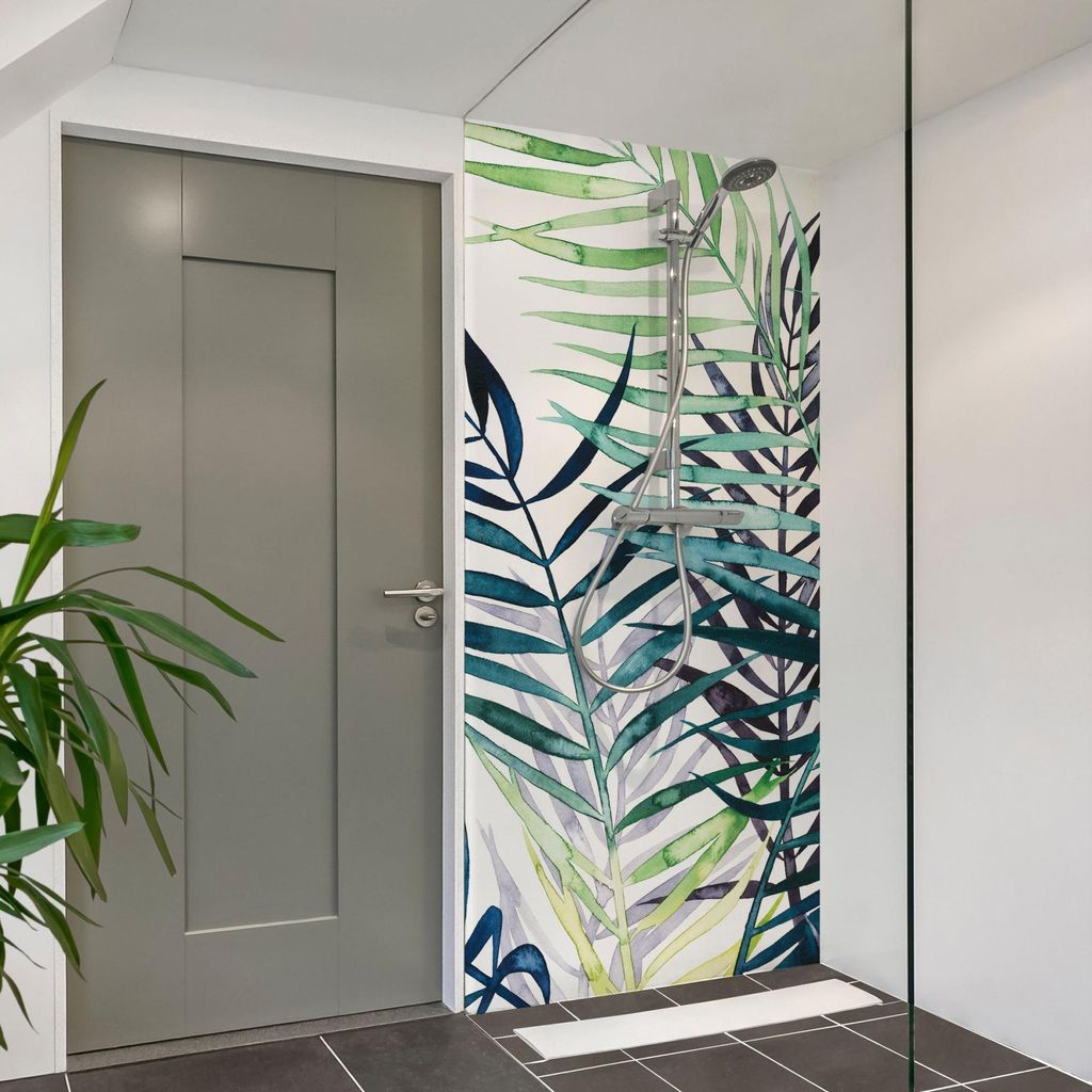Duschrückwand mit Motiv selbstklebend - 0.35 mm Wandpaneel wasserfest Pflanzen grün Tropisch Badrückwand fugenlos Smart matt 80x190 cm