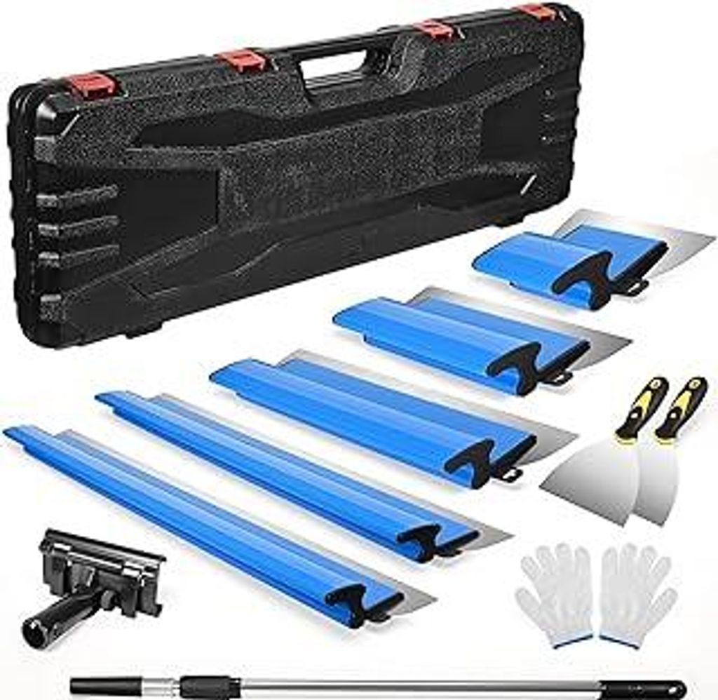 Flächenspachtel Set,Inkl. 5 x Flächenschaber (190 mm Halbmond, 250 mm, 400 mm, 600 mm, 800 mm) mit Ersatzklingen – 2 x Handschaber – Aluminiu...