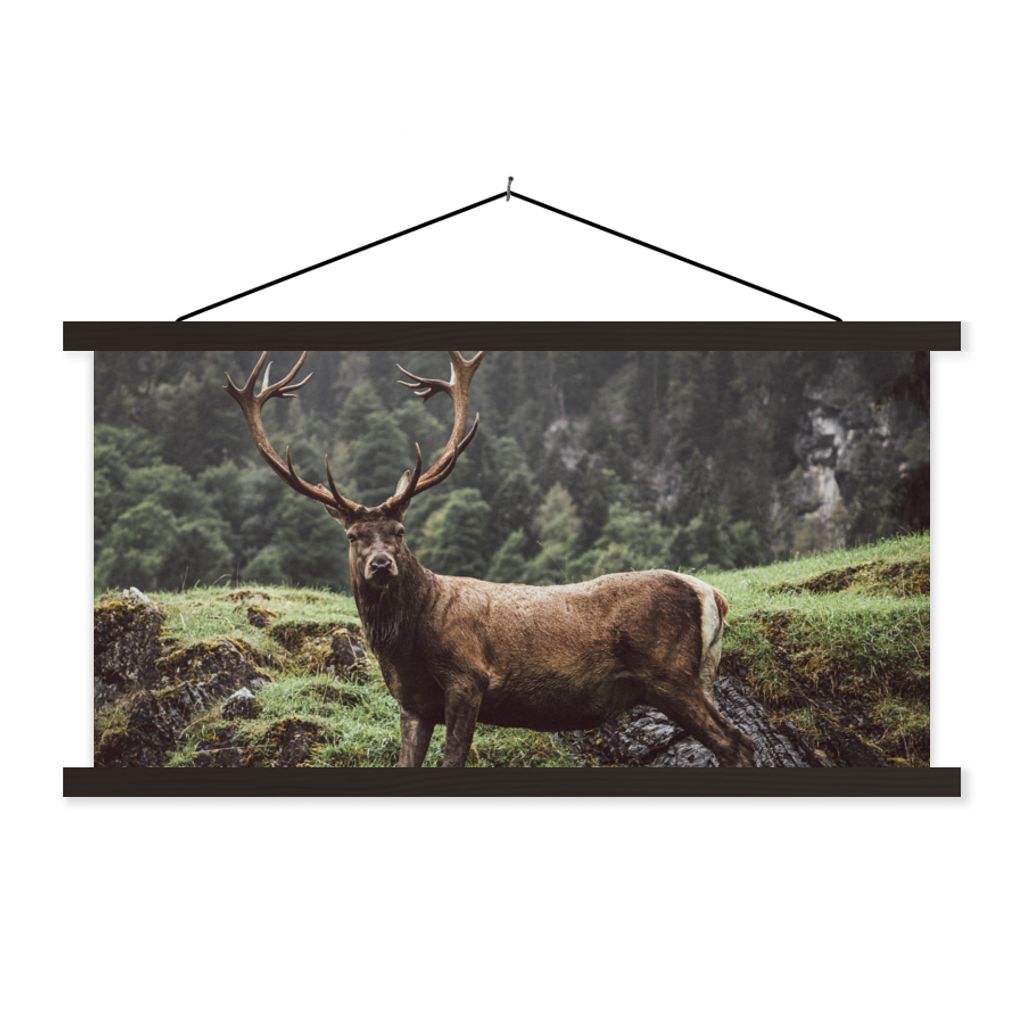 MuchoWow Textilposter Hirsch - Baum - Berg 120x60 cm mit schwarzem Rahmen - Dekoration Schlafzimmer