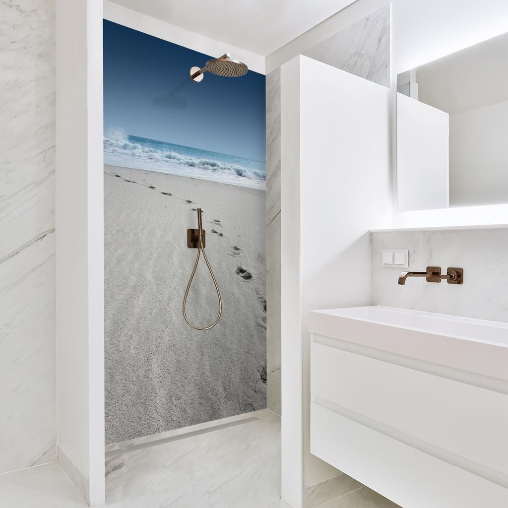 Duschrückwand Strand selbstklebend - 0.35 mm Wandpaneel wasserfest Meerblick blau Motiv Badrückwand fugenlos Smart matt 90x200 cm
