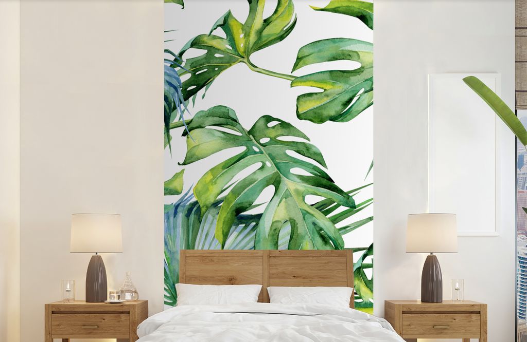 MuchoWow Fototapete für Wohnzimmer oder Schlafzimmer Wandtapete Vinyl Motivtapete Monstera - Muster - Aquarell - Mädchen - Kinder - Jungen - Ki...
