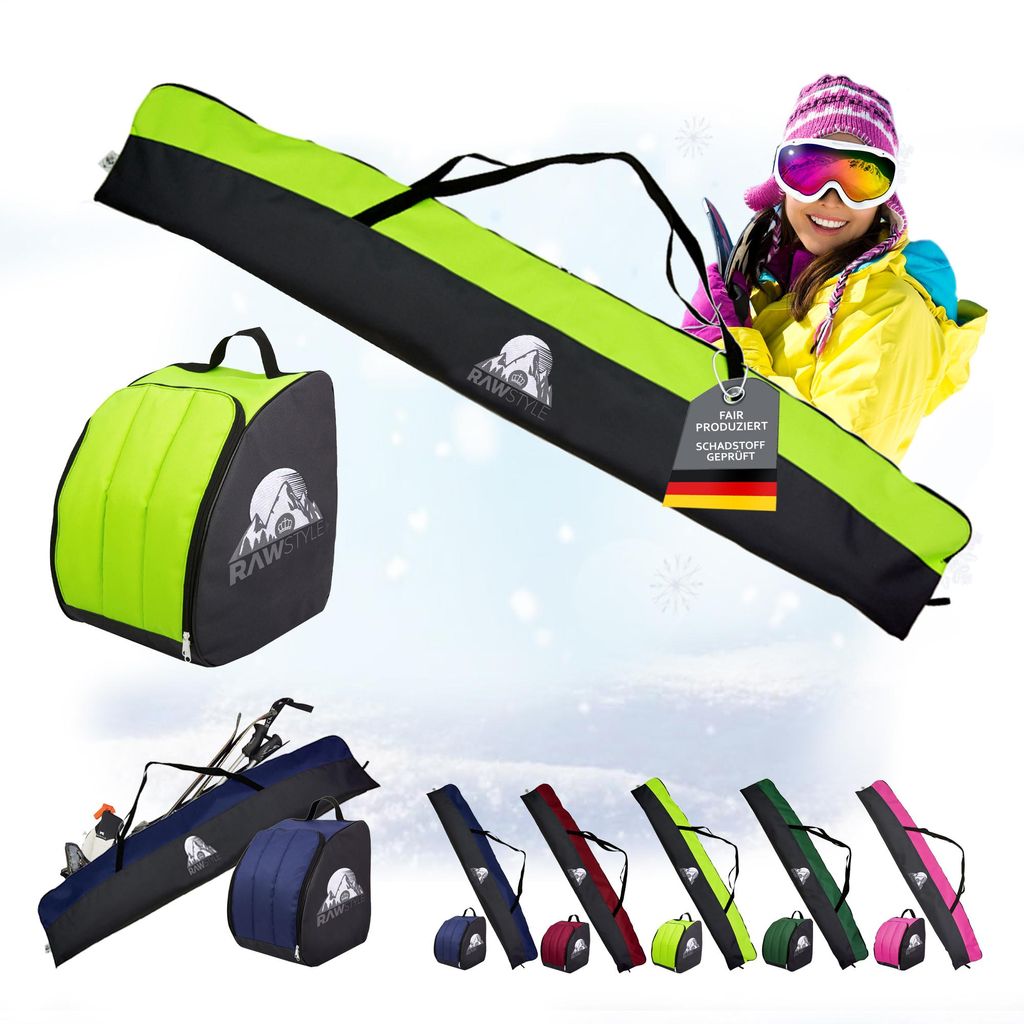 A collage of ski bags and boot bags in various colors, with a woman in ski gear holding a ski bag.