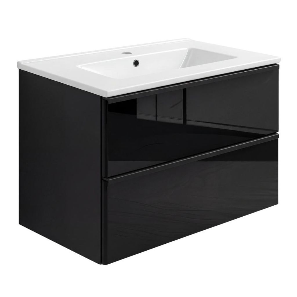 Waschtisch mit Unterschrank ONE mit Waschbecken 2 große Schubladen Schwarz Hochglanz 60x50x46 hängend Badmöbel Badezimmer Griffe Waschbeckenschrank