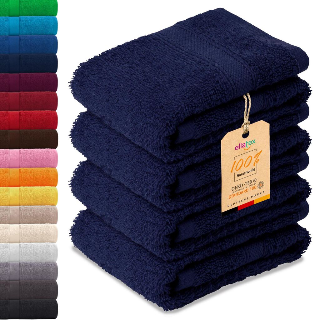 EllaTex PARIS 4er Set Gästetücher 30x50 cm – 100% Baumwolle, 500 g/m² Frottier, Vorteilspack, in Farbe: Navy