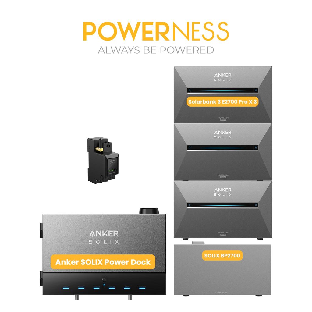 Powerness Balkonkraftwerk Speicher mit Anker Multisystem SOLIX Solarbank Power Dock & 3x Solarbank 3 E2700 Pro, Smart Meter,1x BP2700 Erweiterungsakku