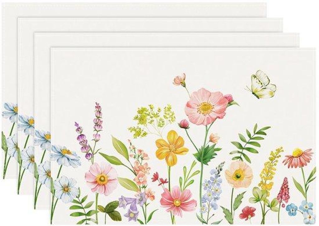 Ibenzoa 4er-Set Platzsets – Frühlingsblumen & grüne Blätter, 45 x 30 cm, 100% Polyester Imitationsleinen, schützende & waschbare Tischsets