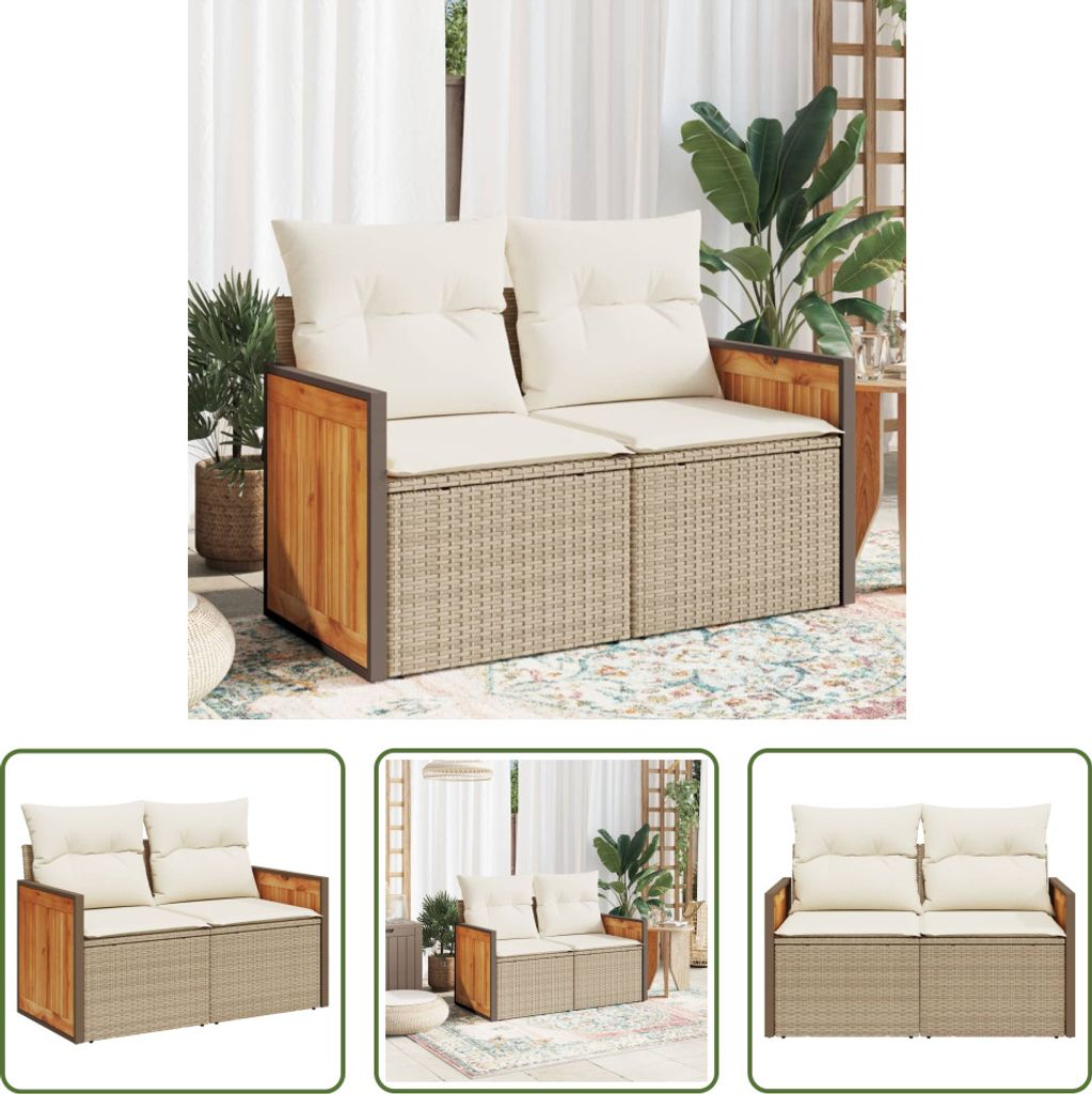 The Living Store Gartensofa mit Kissen 2-Sitzer Beige Poly Rattan