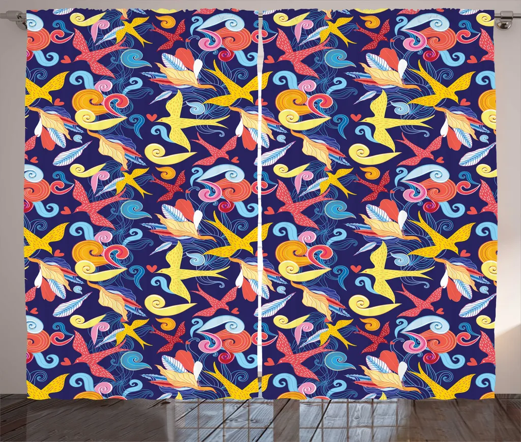 Rideau de Salon Indigo en Tissu Rustique 280x225 cm Oiseaux Courbes