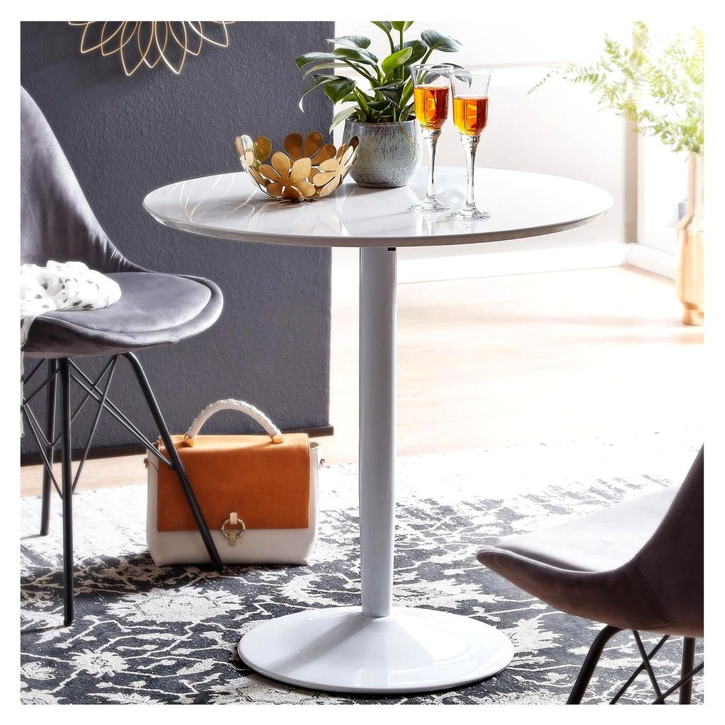 Runder Esstisch 75x75x74 cm Kleiner Küchentisch Weiß Hochglanz, Esszimmertisch für 2 Personen, Moderner Frühstückstisch für die Küche