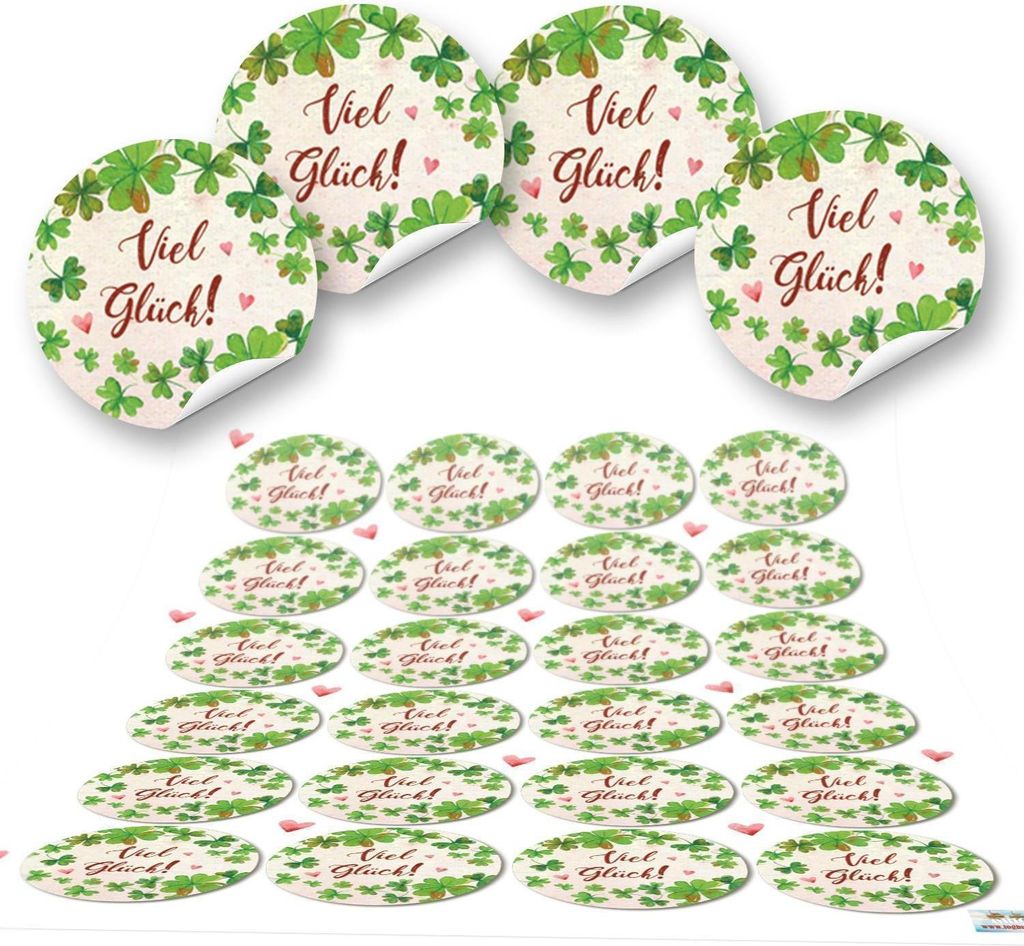 3 x 24 Kleeblatt VIEL GLÜCK rot grün natur runde 4 cm Aufkleber selbstklebende Etiketten Geschenkaufkleber Verpackung Hochzeit Weihnachten Silvester