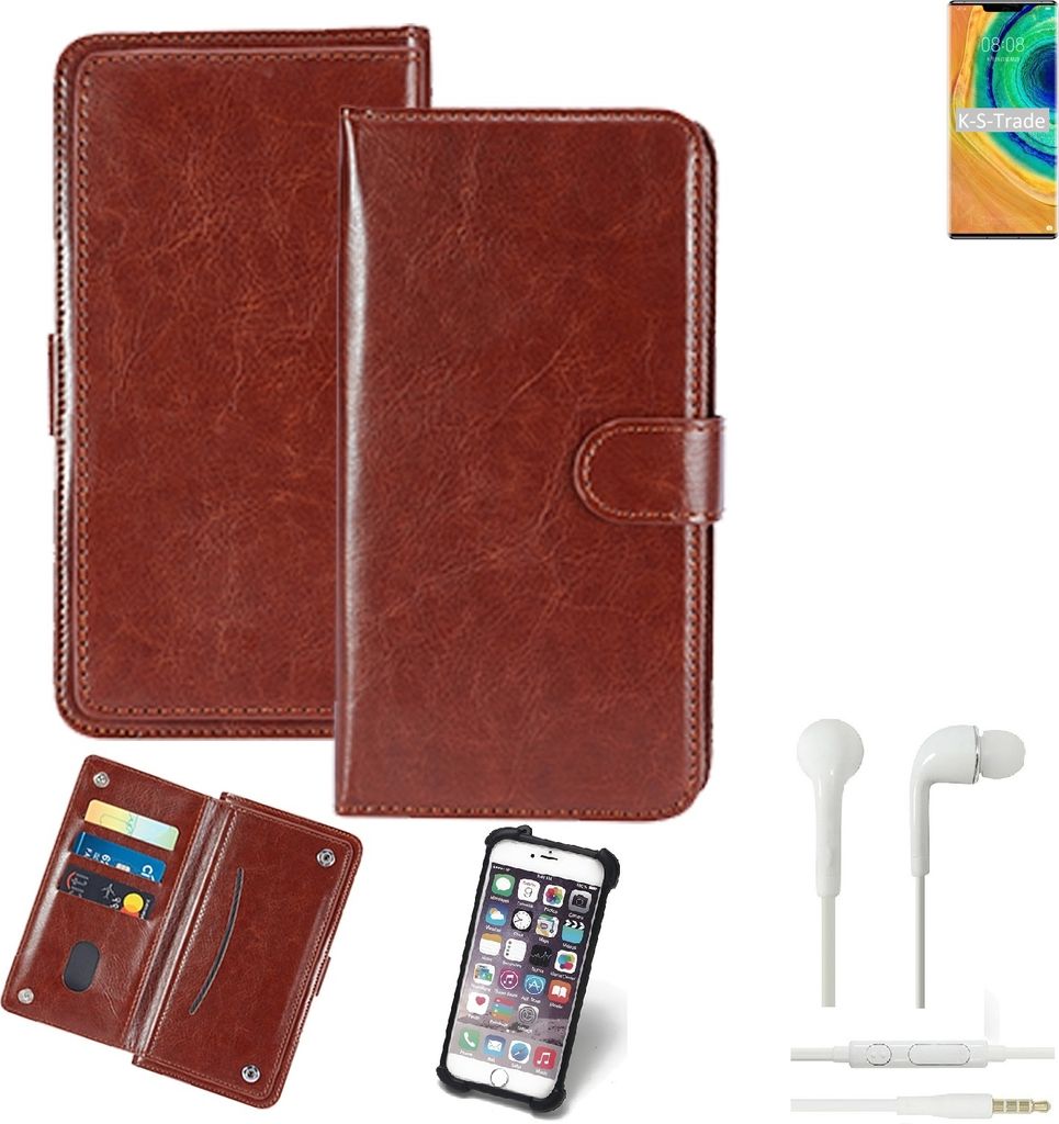 K-S-Trade 360° Hülle kompatibel mit Huawei Mate 30 Pro 5G inkl. Headphones braun Kunstleder Case BookCase WalletCase Kunstlederederhülle