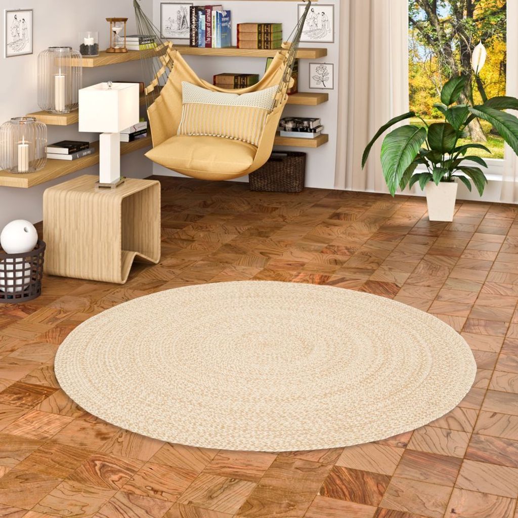 Naturfaser Teppich Handgefertigt Jute Meliert Rund, Größe:150 cm Rund, Farbe:Beige
