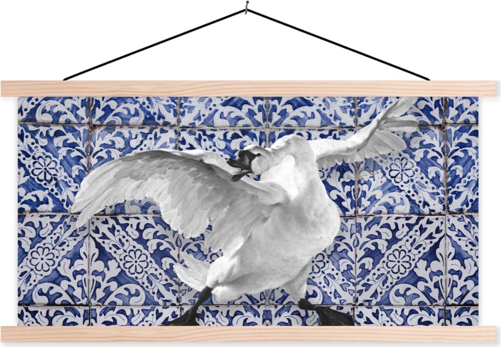 MuchoWow Textilposter Schwan - Kunst - Delfter Blau - Malerei - Alte Meister 60x30 cm mit holzfarbenen Rahmen - Dekoration