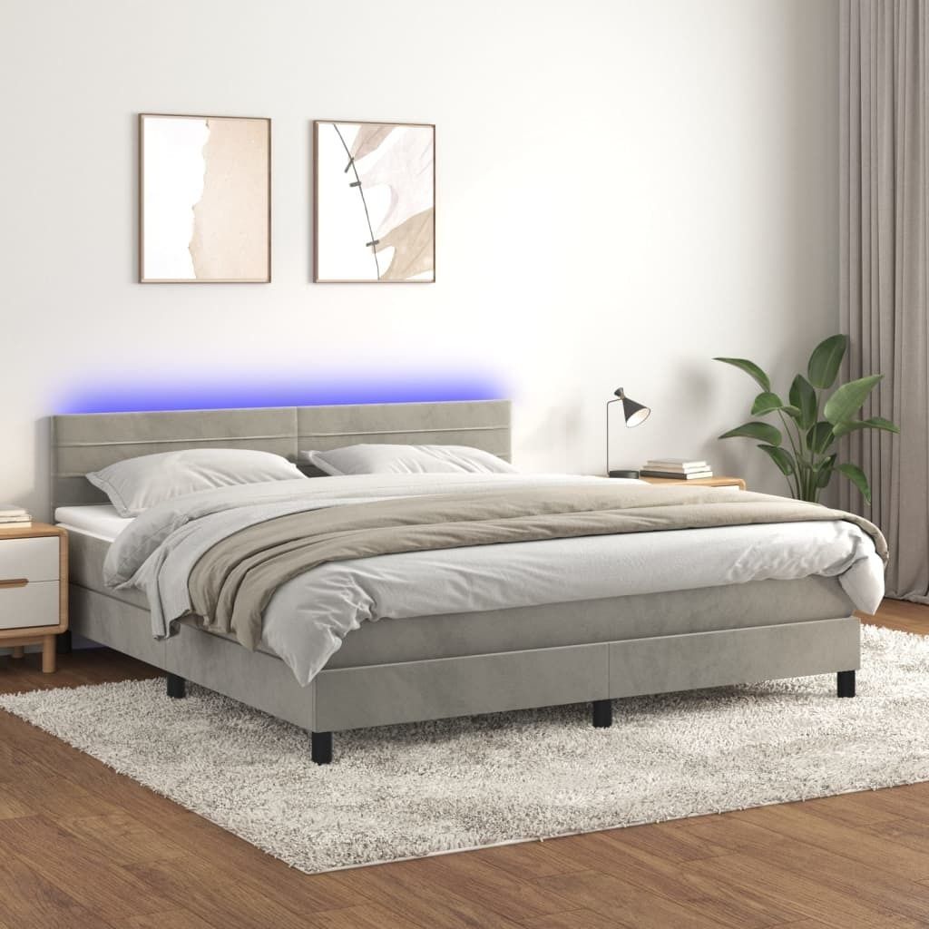 The Living Store Boxspringbett mit Matratze & LED Hellgrau 160x200 cm Samt
