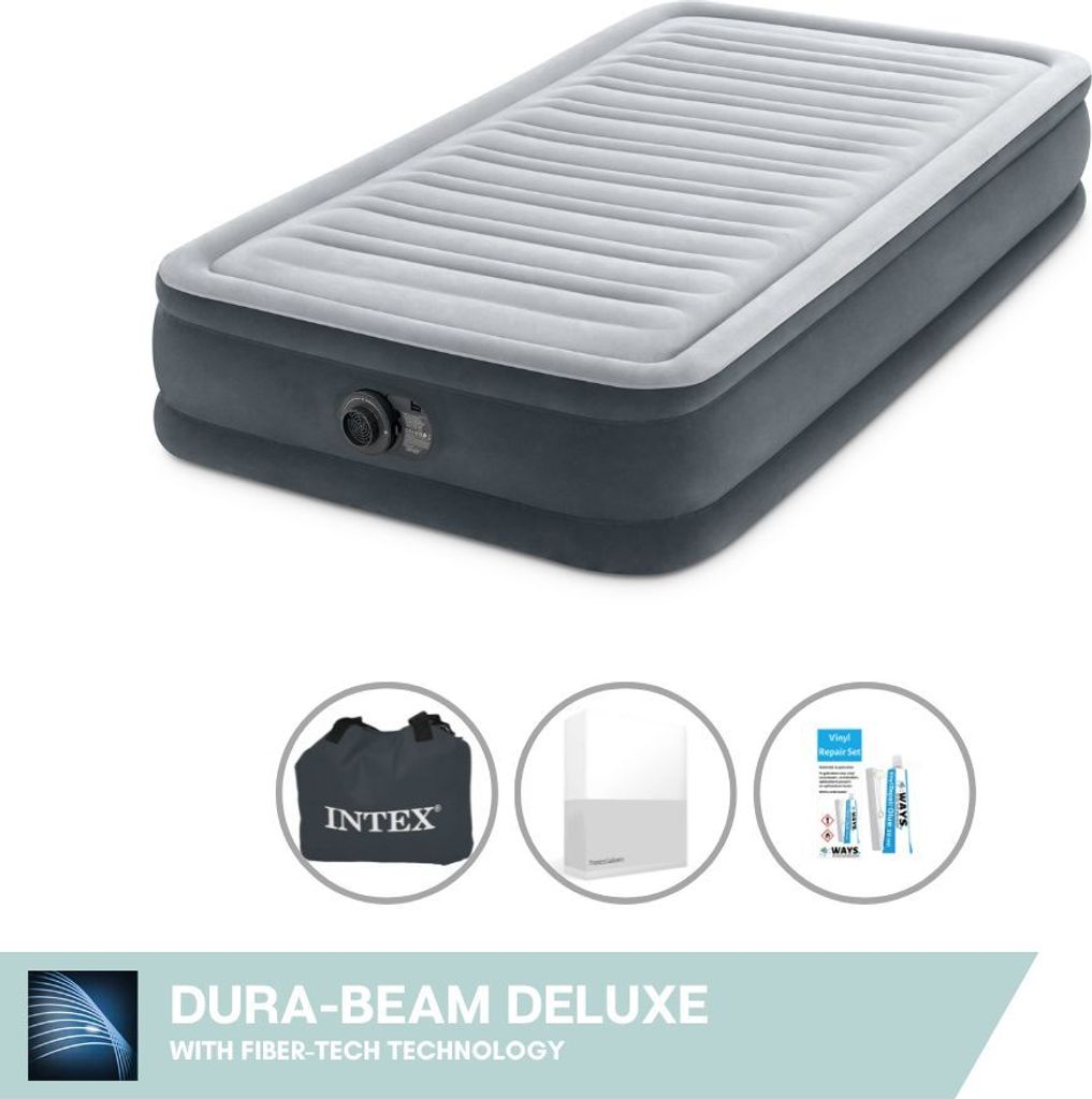 Intex Luftbett - 1 Person - 99 x 191 x 33 cm - Grau - Mit eingebauter Pumpe + Spannbettlaken Weiß + Reperaturset