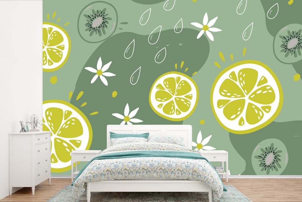 MuchoWow Fototapete für Wohnzimmer oder Schlafzimmer Wandtapete Vinyl Motivtapete Sommer - Zitrusfrüchte - Kiwi - Blumen - 600x400 cm - Vinylta...