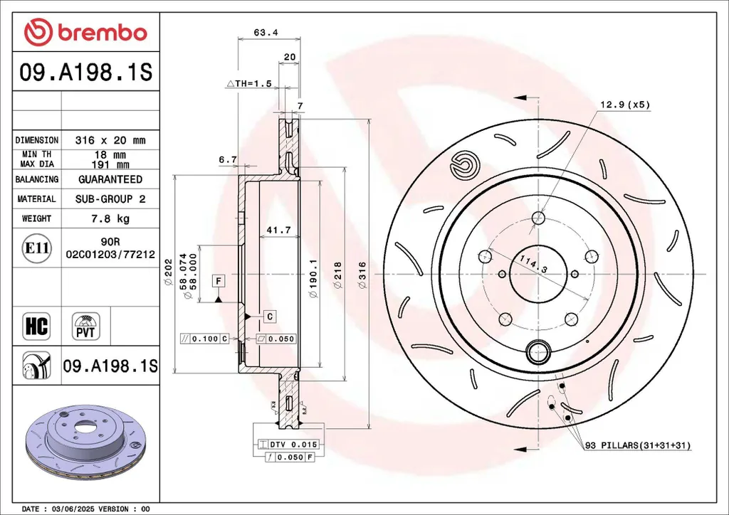Disque de frein arrière BREMBO 09.A198.1S Subaru Impreza GR GH G3 316mm
