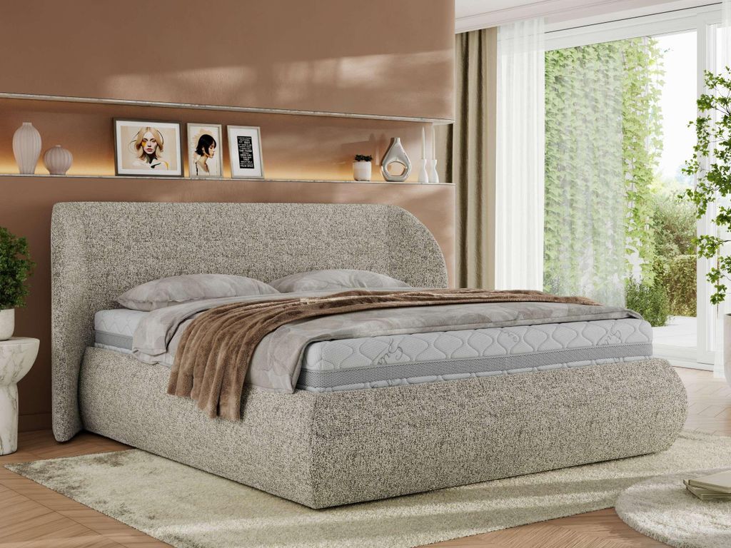 MKS MEBLE Polsterbett mit Bettkasten CAELA CLASSIC Bett mit Stauraum und Gasdruckfeder Doppelbett 180x200 Beige Struktur