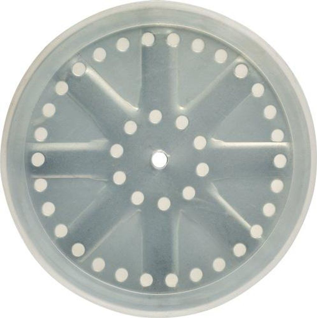 A top-down view of a round, perforated filter disc with a transparent outer rim.