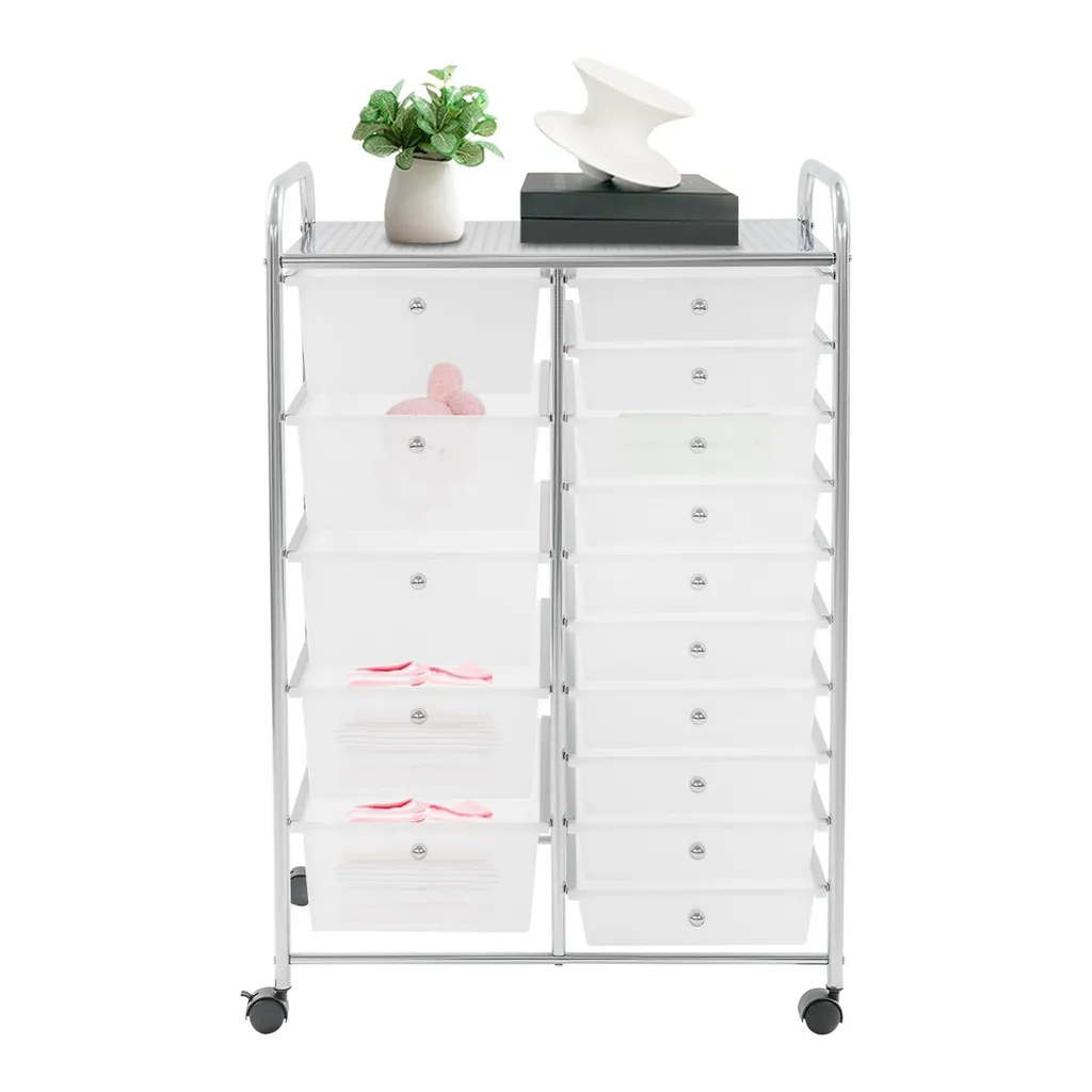 Chariot à 15 tiroirs 63x38x96 cm transparent pour bureau et cuisine