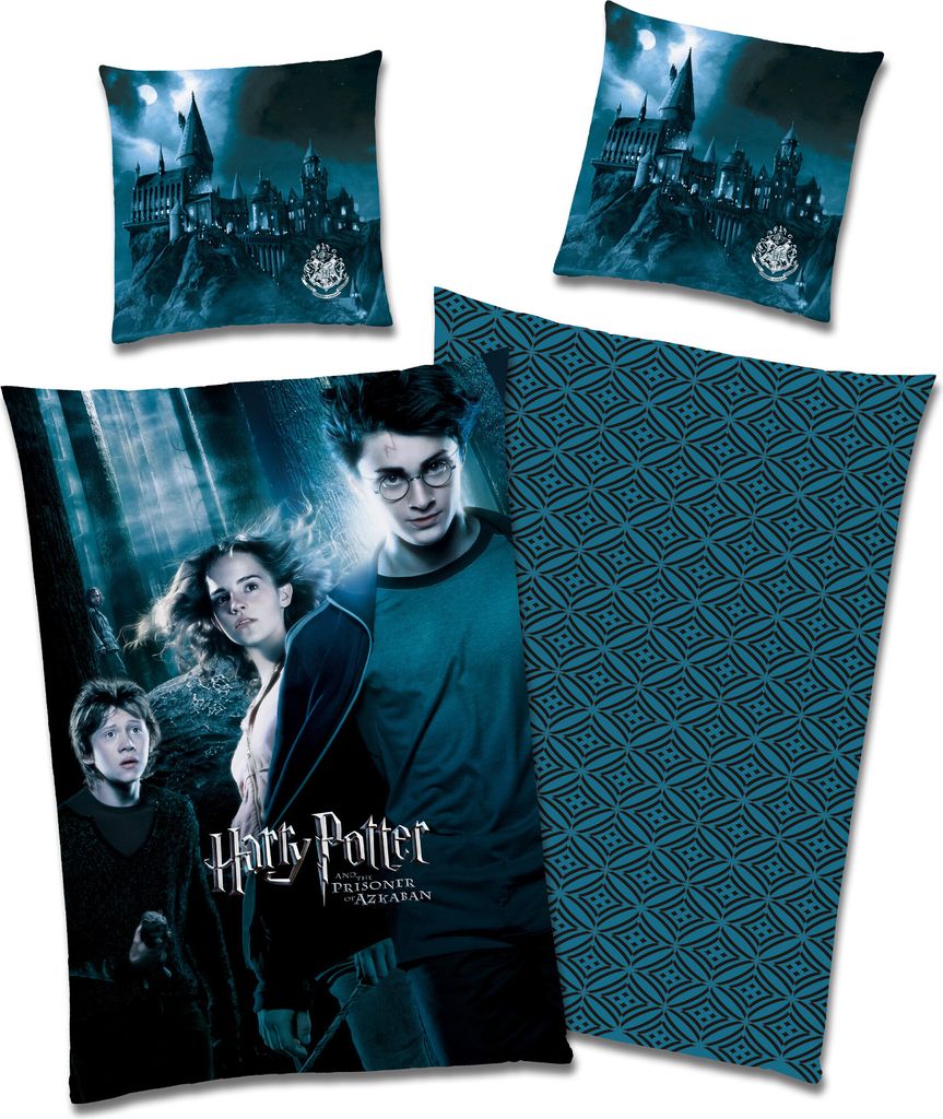A collection of Harry Potter themed bedding items, including pillowcases and a duvet cover, laid out on a white background.
