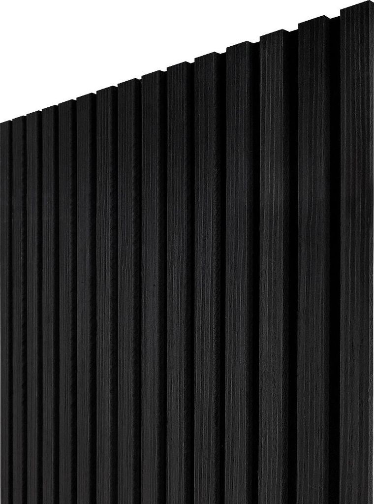 A close-up, angled view of a black wooden slatted panel.