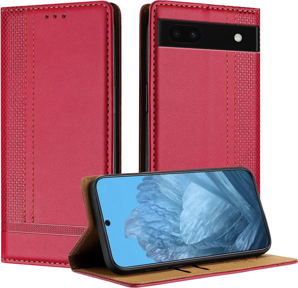 Cover Portafoglio Google Pixel 6A Rosso in Pelle con Stand Video