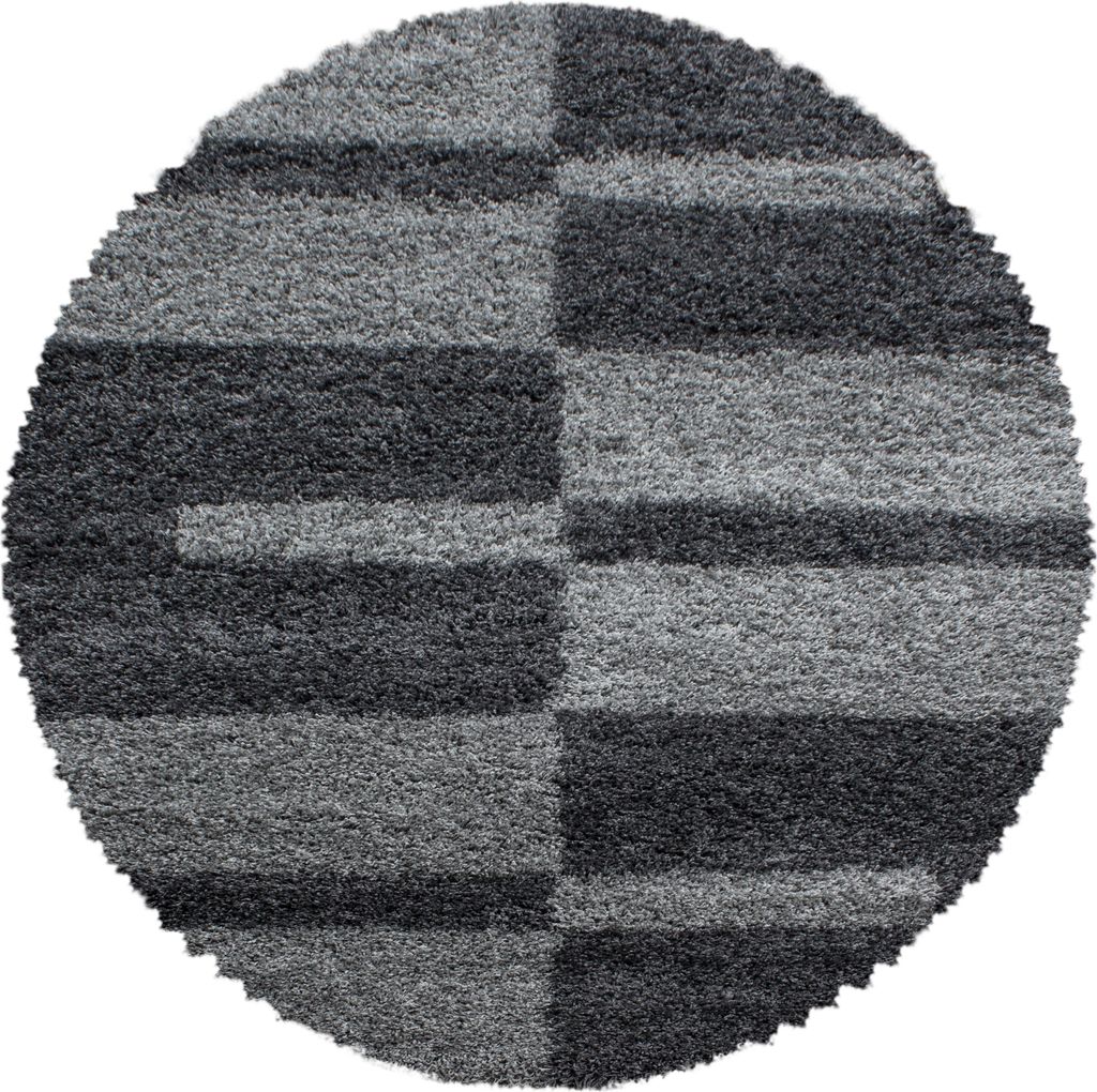 Teppich Wohnzimmer Hochflor Grau 120x120 Rund Kariertes Design aus Polypropylen