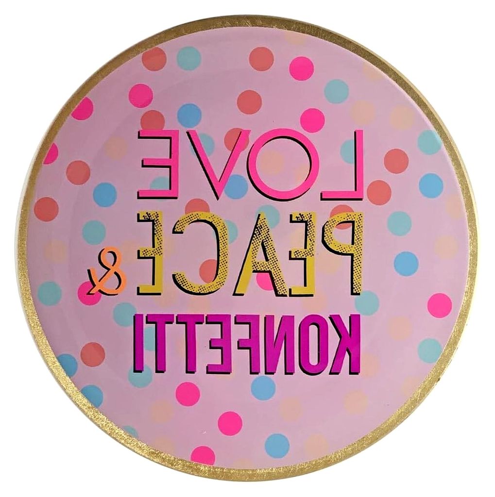 Love Plates, Glasteller M, Motiv: Love, Peace & Konfetti, rund, rosa, 13x1x13cm