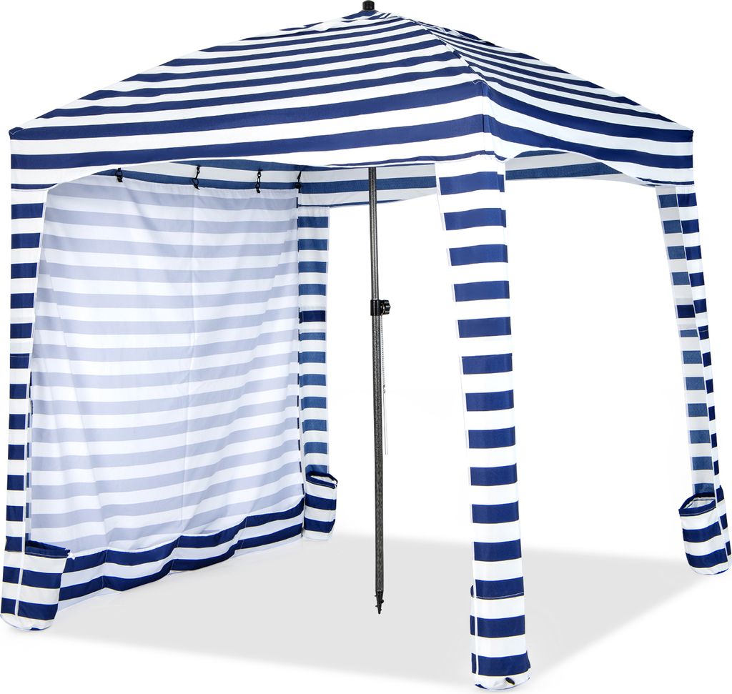 A striped beach tent with a removable side wall.