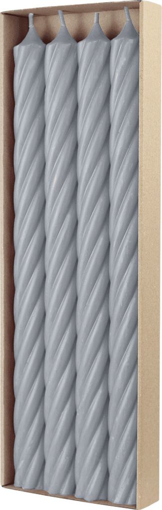 Stabkerzen aus Paraffin, RUSTIC TWIST, 350/28 mm, Silbergrau, WENZEL, Brenndauer ca. 20h, 4 Stück pro Verpackung