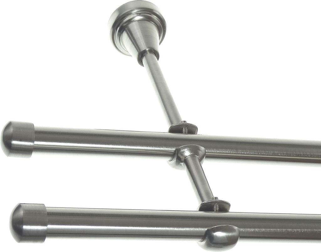 Gardinenstange Set Edelstahl Look Metall Ø 16mm zur Wandbefestigung 2-lauf Kappe, Länge wählbar H24 E17 E17
