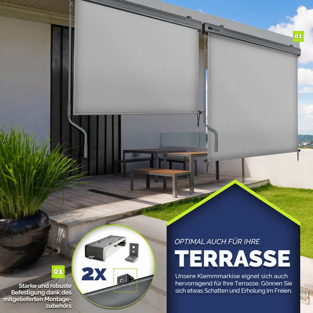 tillvex® Tenda verticale 160x250 cm Grigio per esterni e interni | Tenda a rullo per esterni impermeabile con manovella per balcone, terrazza e giardino | Tenda a rullo per balcone protezione solare in alluminio | Tenda a rullo protezione privacy - 5
