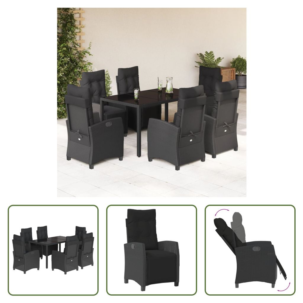 The Living Store 7-tlg. Garten-Essgruppe mit Kissen Schwarz Poly Rattan