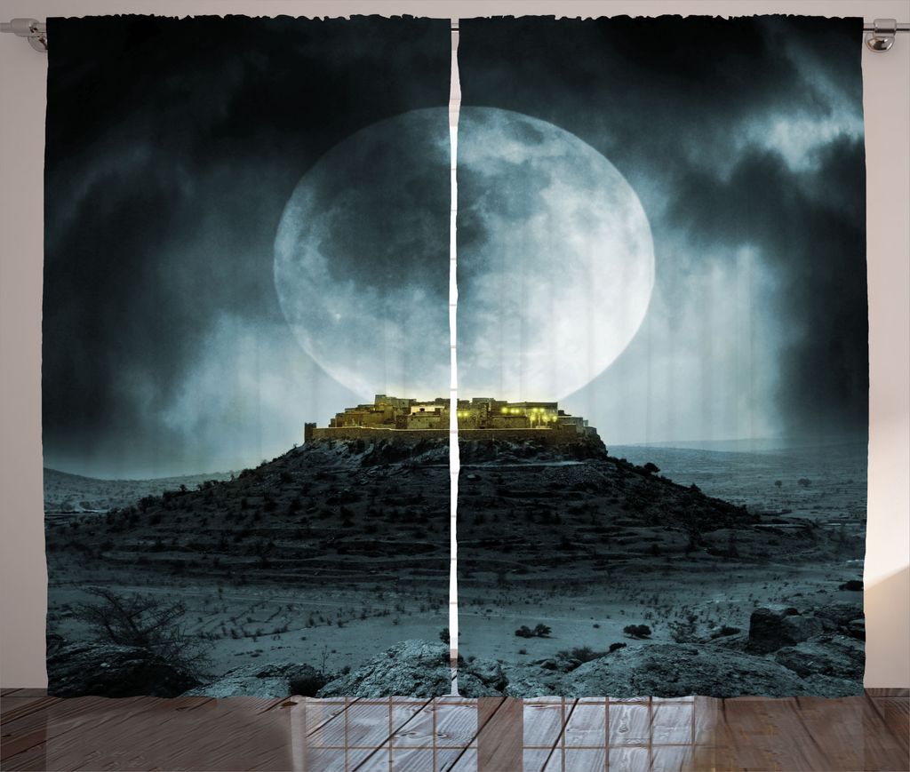 ABAKUHAUS Nachthimmel Rustikaler Gardine, Vollmond und Schloss, Schlafzimmer Kräuselband Vorhang mit Schlaufen und Haken, 280 x 225 cm, Blaugrau S...