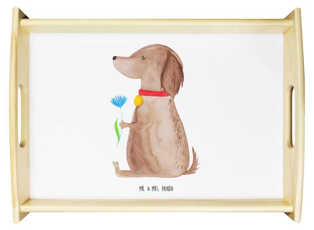 Mr. & Mrs. Panda Tablett Hund Blume - Weiß - Geschenk, Süß, Hunde, Holztablett, Servier, holz serviertablett, Halsband, Sprüche, sofatablett