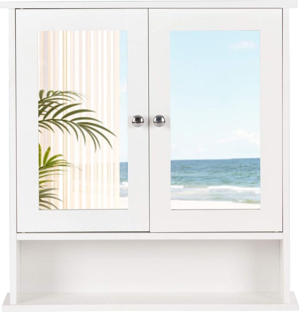 Spiegelschrank Holz, Badschrank Hängeschrank mit 3 Ablage und 2 Türen, Wandschrank Spiegel Weiß, Oberschrank Wandhängeschrank für Badezimmer W...