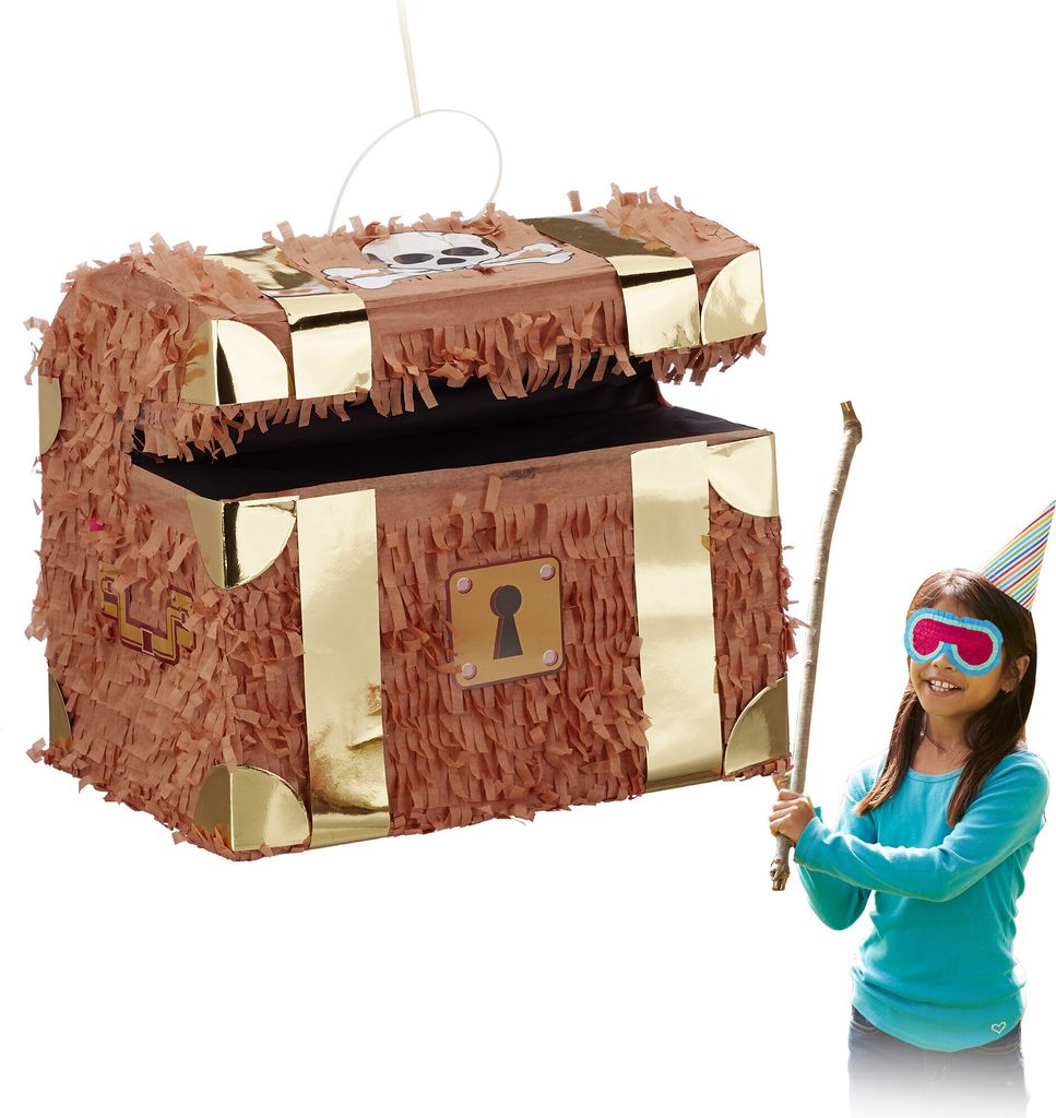 2er Set Pinata Schatzkiste, zum Aufhängen, Kinder, Mädchen, Jungs, Geburtstag, Befüllen, HxBxT: 27 x 30 x 23 cm, braun