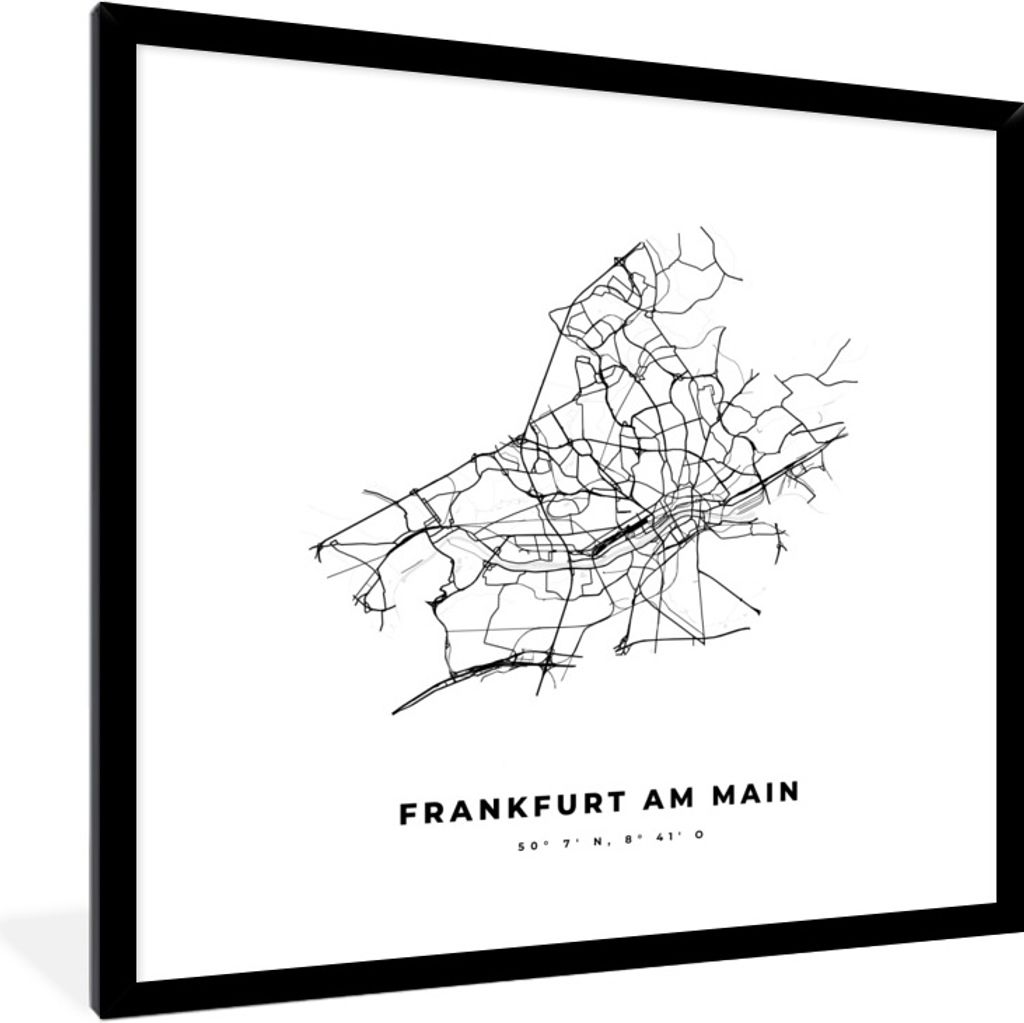 MuchoWow Gerahmtes Poster Stadtplan - Schwarz-weiß - Karte - Frankfurt am Main - Deutschland 40x40 cm - Poster mit Schwarzem Bilderrahmen Wandpo...