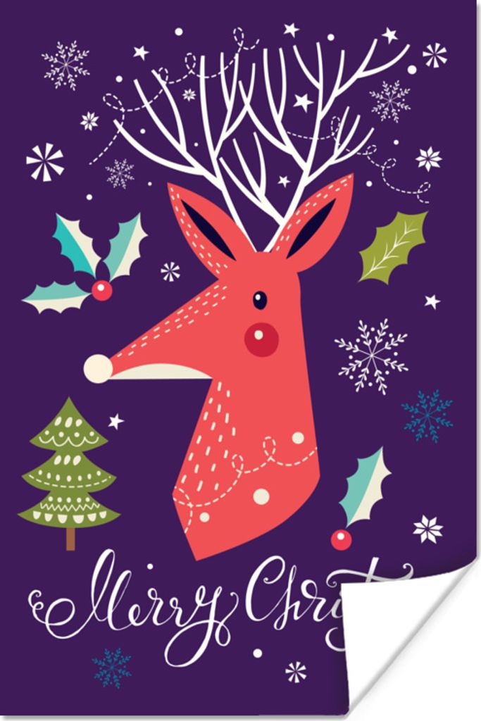 MuchoWow Poster Rentier - Weihnachten - Zitate - Frohe Weihnachten - Stechpalme 60x90 cm - Wanddekoration