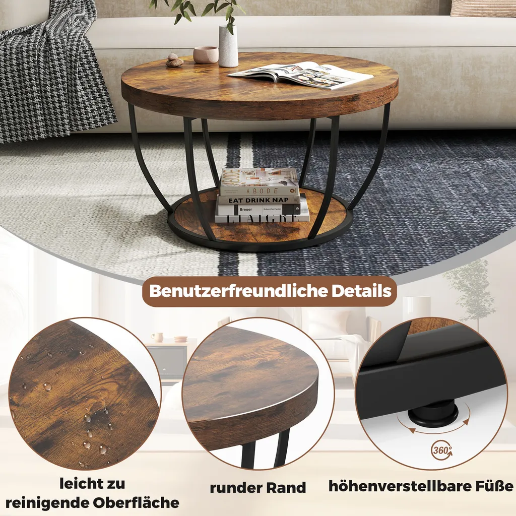 Table basse robuste 80cm avec rangement à 2 étages et structure acier