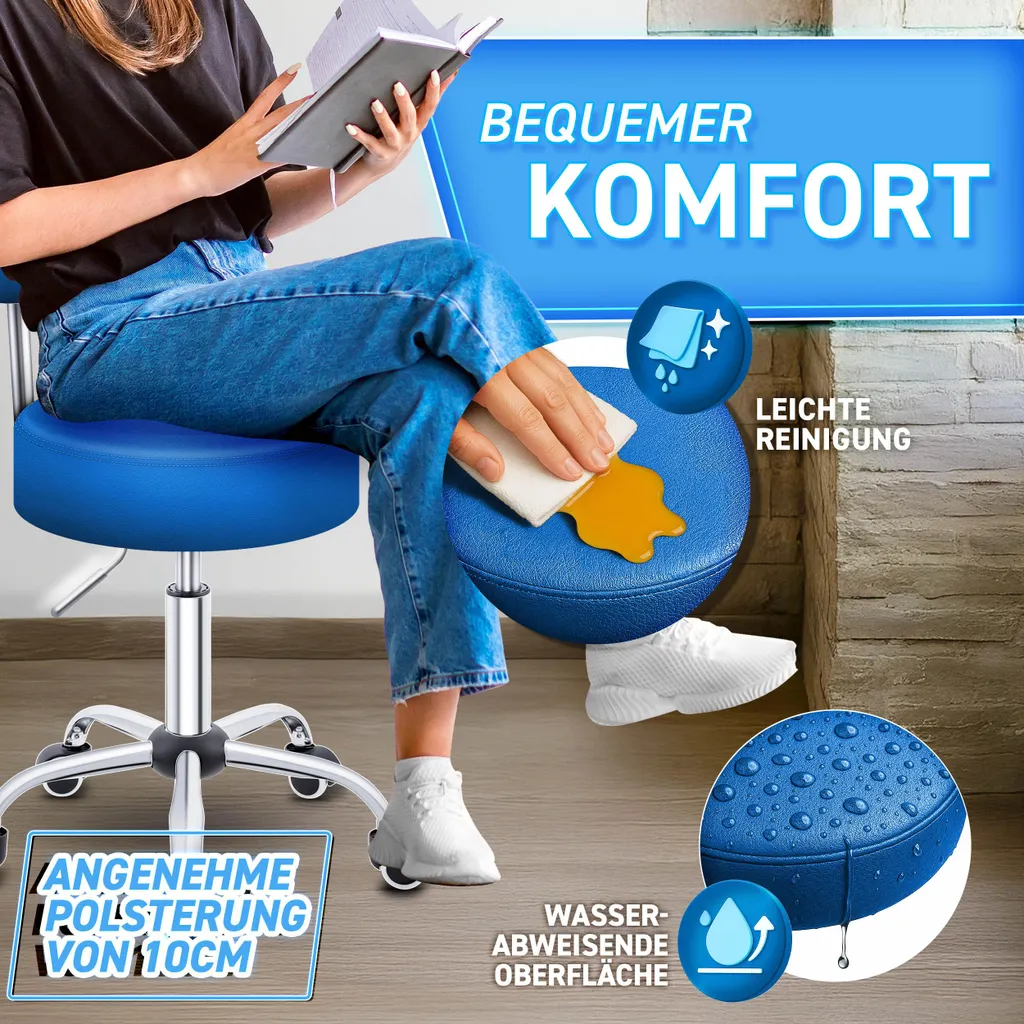 Tabouret de bureau à roulettes bleu idéal pour cabinet ou atelier - 3