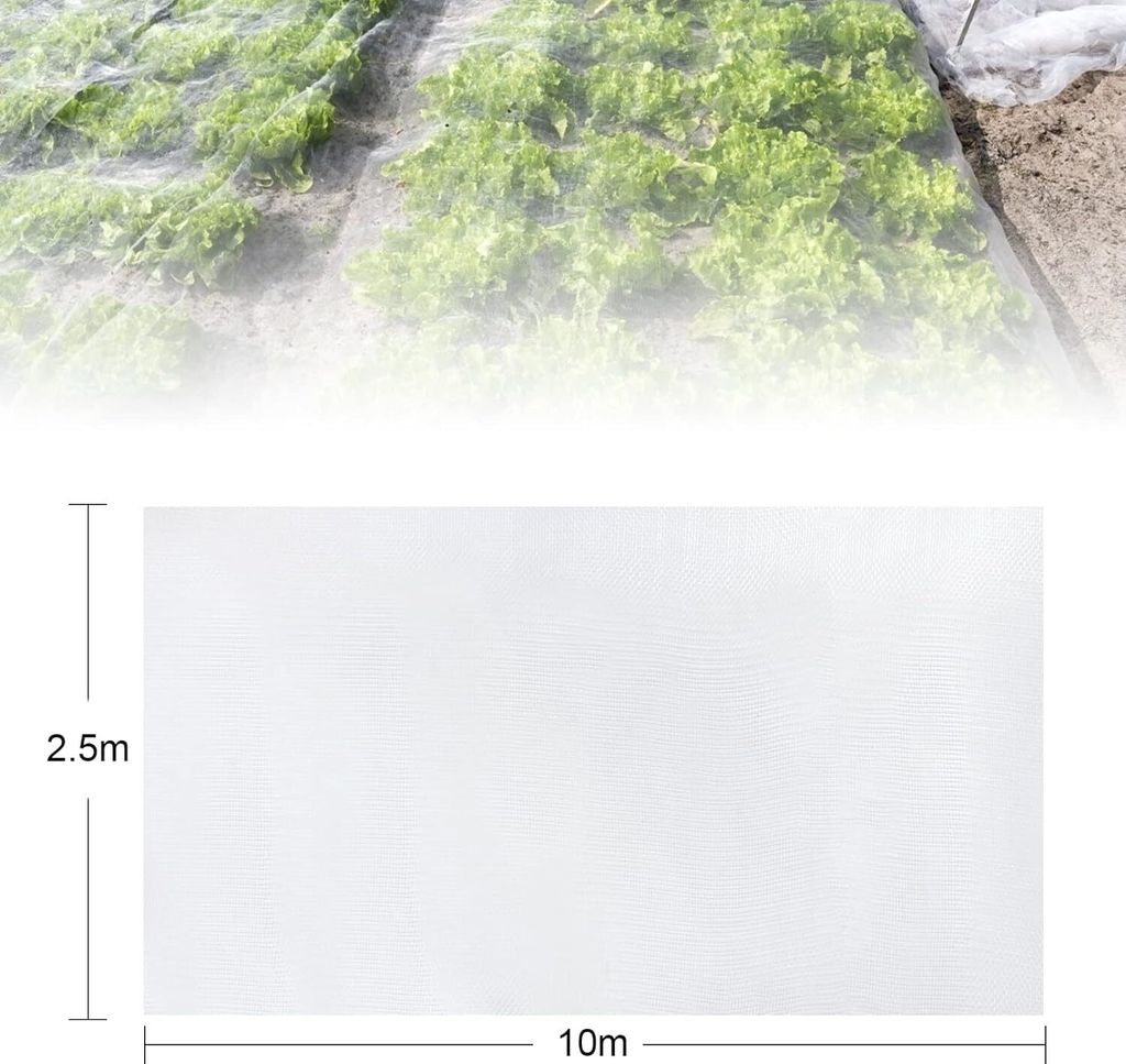 A close-up view of a white insect net covering plants, with a separate diagram showing the dimensions of the net.