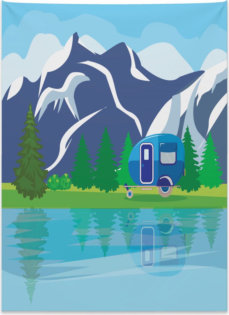 Abakuhaus Wohnmobil Wandteppich, Cartoon-See-Landschaft aus Weiches Mikrofaser Stoff Kein Verblassen Klare Farben Waschbar, 110 x 150 cm, Mehrfarbig